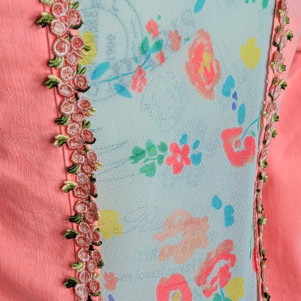 Peach denim floral fun refashioned jacket by FancyMadame1002 - Picture 2 of 6